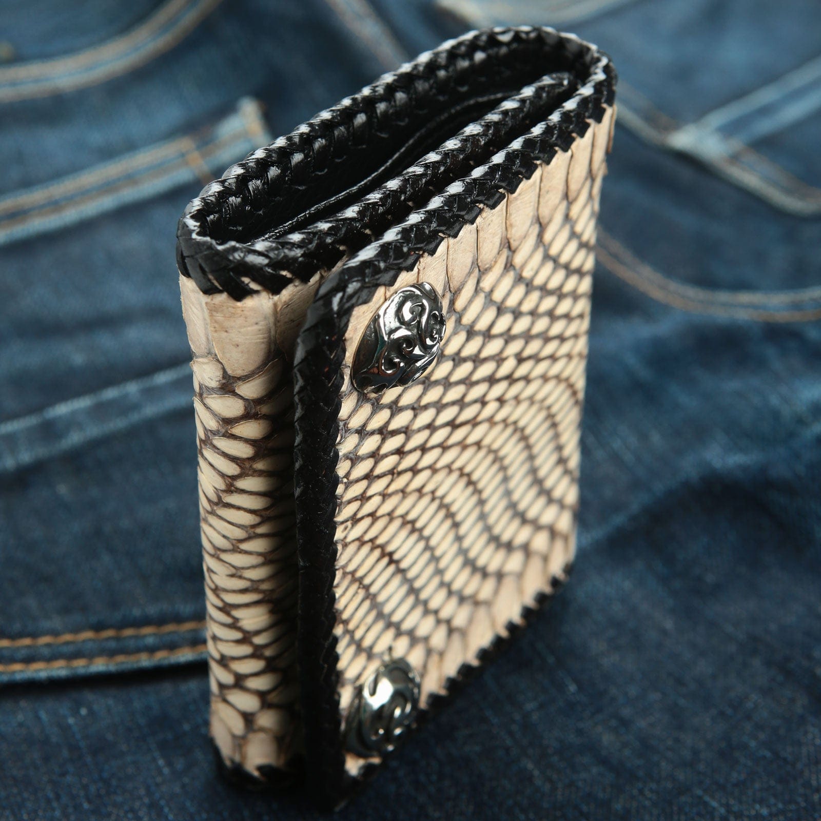 Dark Grey Snake Leather Biker Wallet for Men - Stylish RFID Blocking Slim Wallet for Motorcycle Riders & Everyday Use