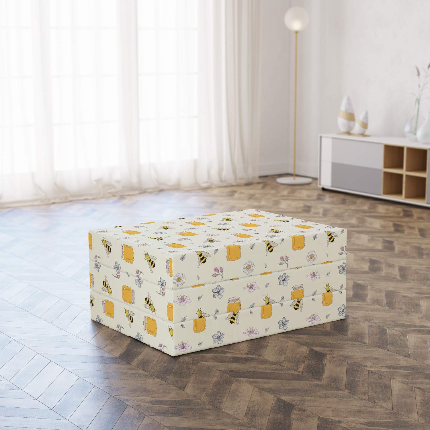 Ambesonne Bee Print Foldable Mattress - Honey Jars, Insects & Floral Design, 74.8