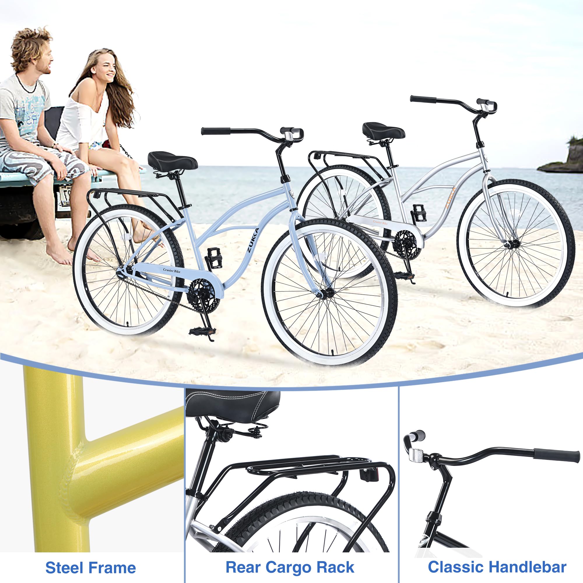ZUKKA 26 Inch Beach Cruiser Bike - Single Speed Bicycle with Coaster Brake for Men & Women - Multiple Color Options - Perfect for Coastal Rides, Commuting & Leisure Cycling