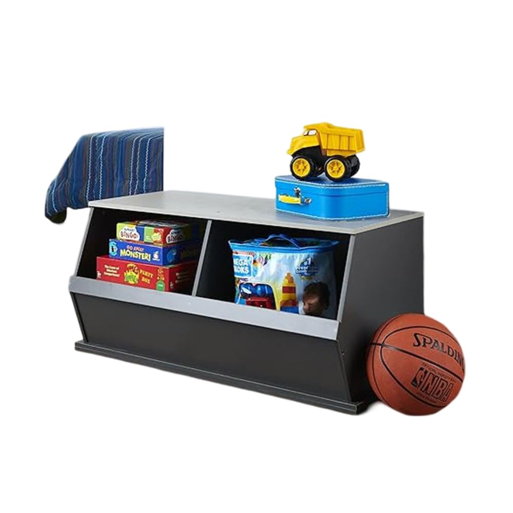 Badger Basket Two Bin Stackable Toy Storage Organizer - Charcoal Gray Woodgrain Design for Kids Room, Nursery, or Playroom Organization