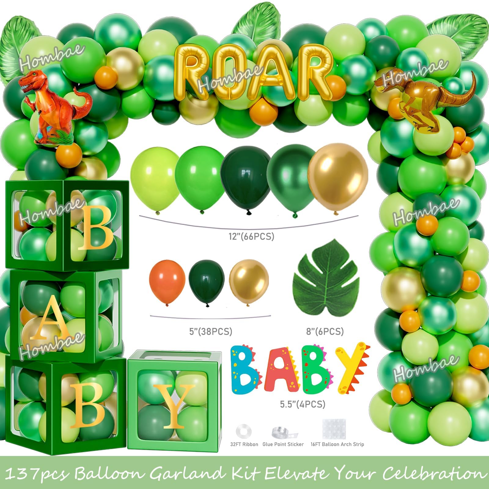 Dinosaur Baby Shower Decorations for Boys - Dino Themed Party Supplies with Backdrop, Balloon Banner, Cake Topper & Mummy Sash in Green & Gold | Perfect for Gender Reveal, First Birthday & Nursery Decor
