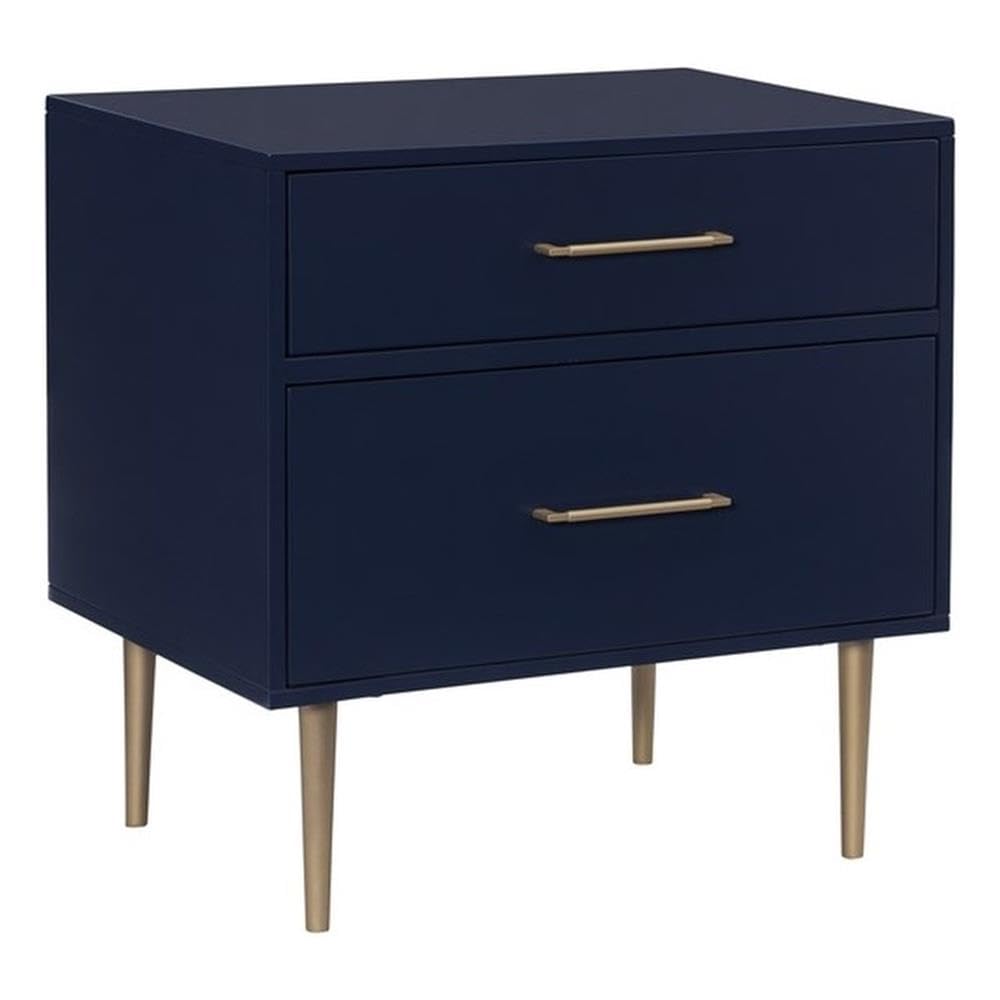 Linon Dylan Wood Nightstand with 2 Drawers, Gold Accents, Navy Blue - Modern Bedside Table for Bedroom, Guest Room & Nursery Storage