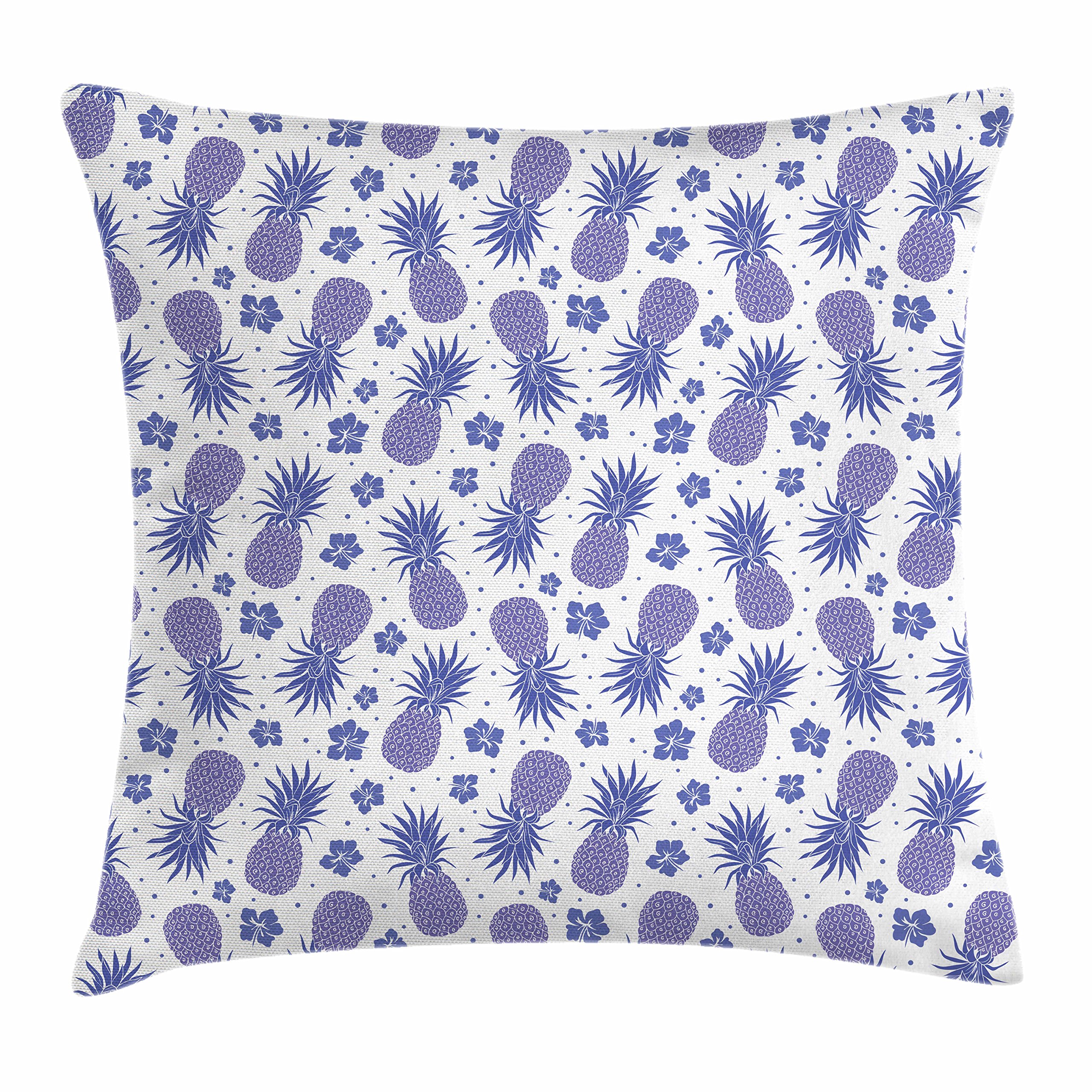 Ambesonne Tropical Throw Pillow Cover 16x16 Inches - Pineapple & Hibiscus Hawaiian Summer Design, Lavender Purple Square Decorative Cushion Case for Sofa, Bed, Living Room, Porch Decor