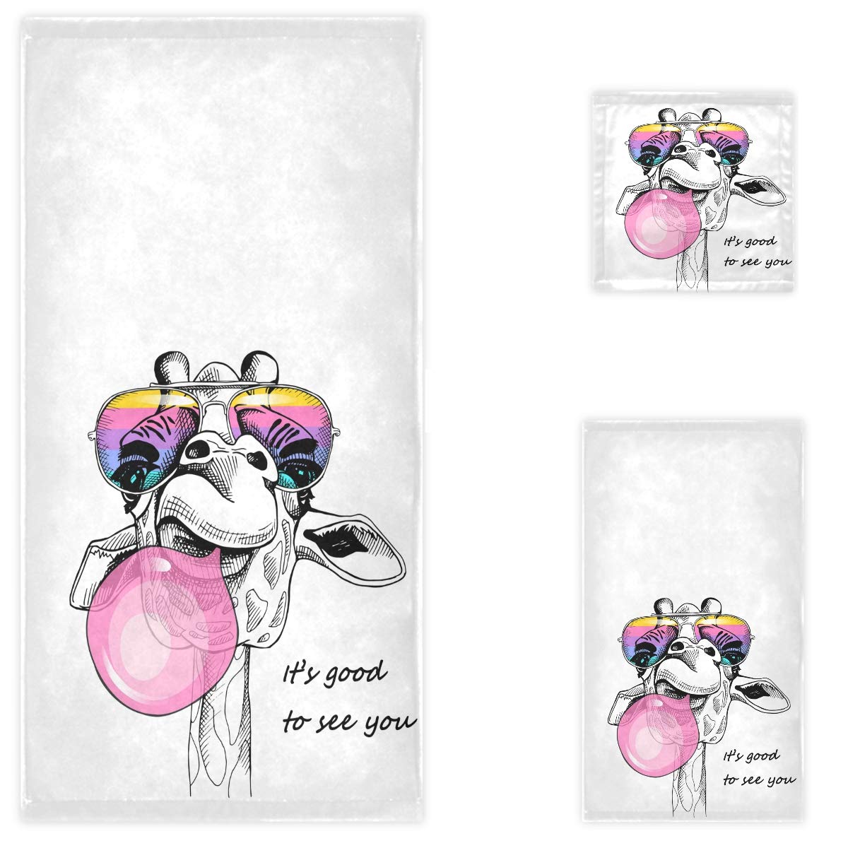 Funny Giraffe with Rainbow Glasses Pink Bubble Soft 3-Piece Bath Towel Set - 1 Bath Towel, 1 Hand Towel, 1 Washcloth for Bathroom, Hotel, Gym, Spa & Beach - Perfect for Kids' Bath Time, Pool Parties & Cozy Home Decor (White)