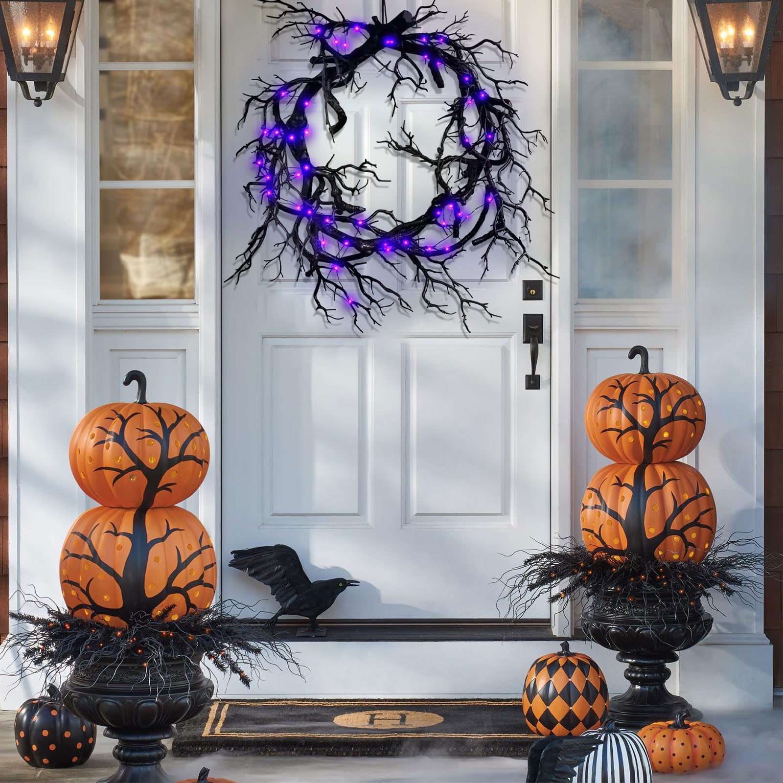 20IN Large Glitter Black Branch Halloween Wreath with Purple LED Lights - Handmade Gothic Front Door Decor for Halloween, Christmas, Fall Season - Perfect for Porch, Mantel & Window Display