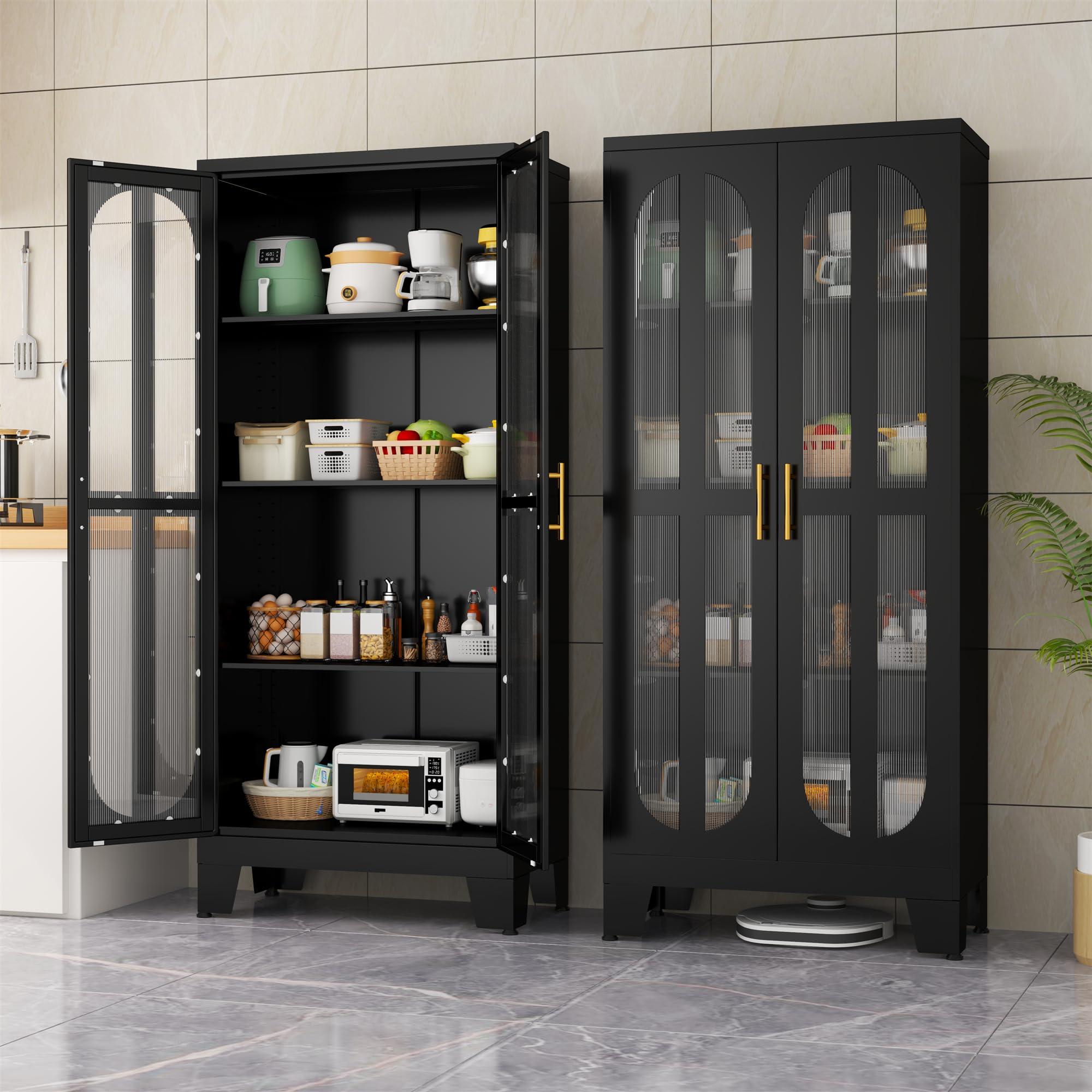 Stainless Steel Pantry Cabinet with Acrylic Glass Doors & Adjustable Shelves - 61 Inch Tall Kitchen Storage Organizer for Food, Dishes & Supplies - Perfect for Modern Kitchens, Dining Rooms & Laundry Rooms