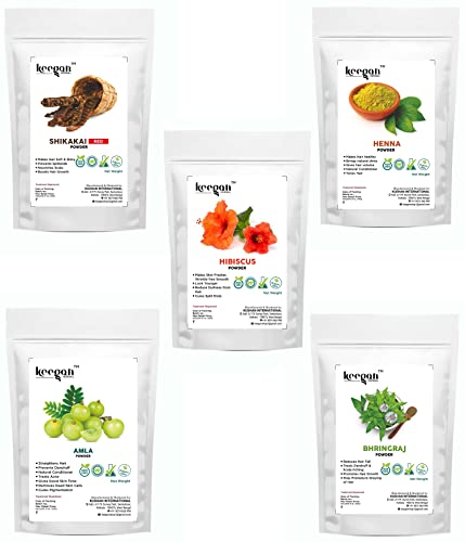 Keegan Herbal Natural Henna Powder, Shikakai Powder (Red), Amla Powder, Bringraj Powder, Hibiscus Powder for Hair Color, Growth, Damage Repair & Hair Care (50g Each) – Perfect for DIY Hair Masks, Natural Hair Dye & Holistic Hair Treatment at Home