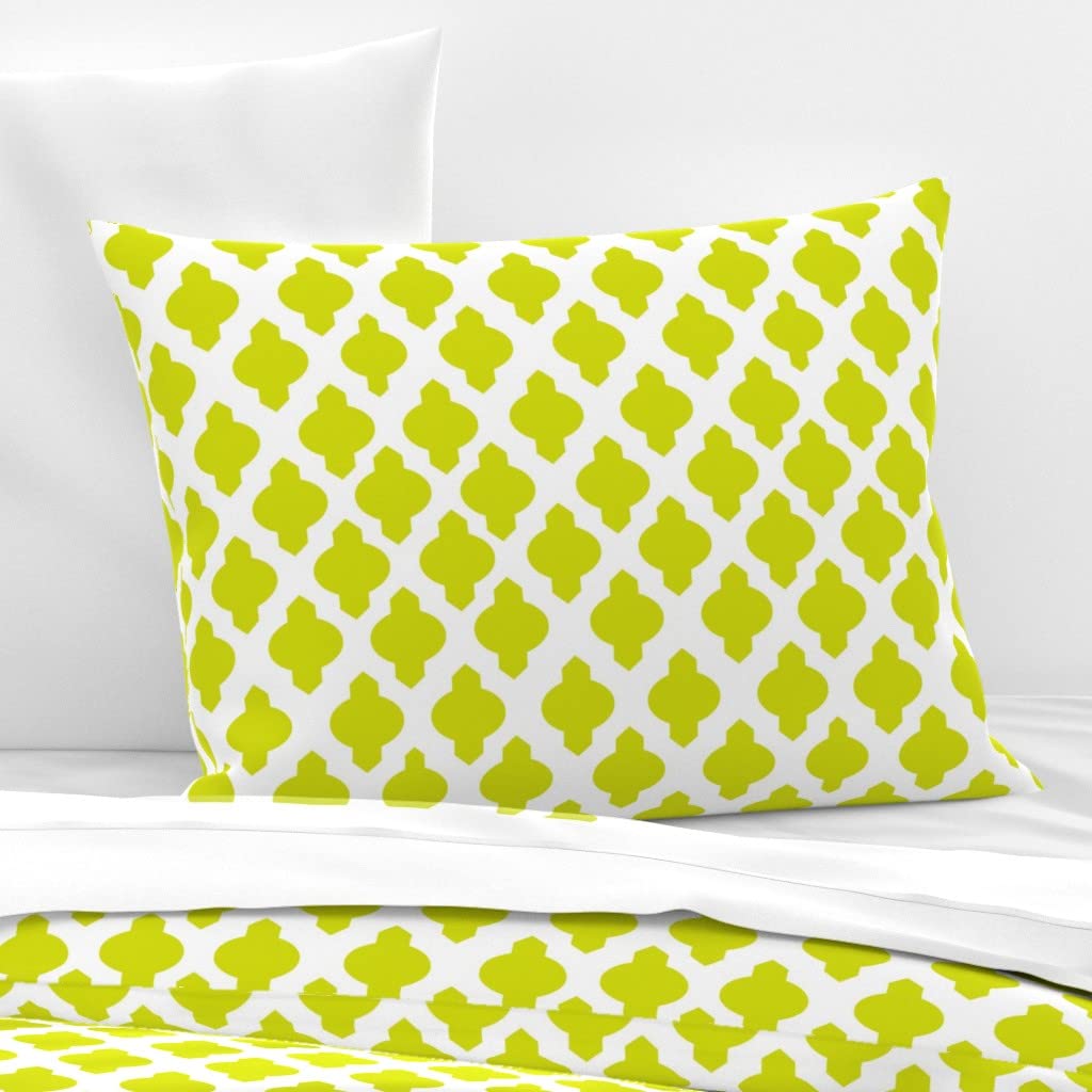 Custom Moroccan Ogee Damask Quatrefoil Print Cotton Sateen Sham - Bright Green Midcentury Modern Bedding for Spring | Standard Size Pillow Cover for Home Decor