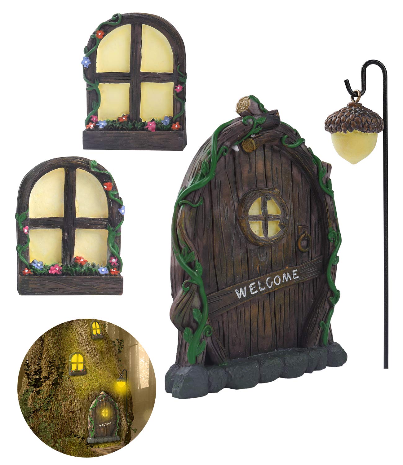 ZZICEN Miniature Fairy Door for Tree Decor - Outdoor Fairy Garden Accessories Set with Glow-in-the-Dark Feature | Perfect for Tree Stump Decor, Kids' Garden Art, and Magical Window Displays