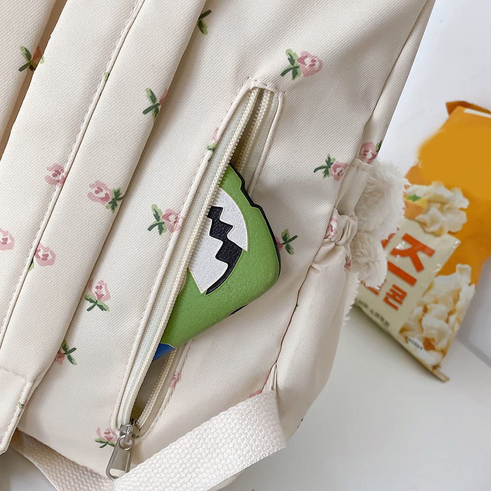 Cute Floral Print Aesthetic Backpack for Women - Large Capacity Kawaii Backpack with Plush Pendant - Stylish Travel Backpack for School, Work & Casual Outings