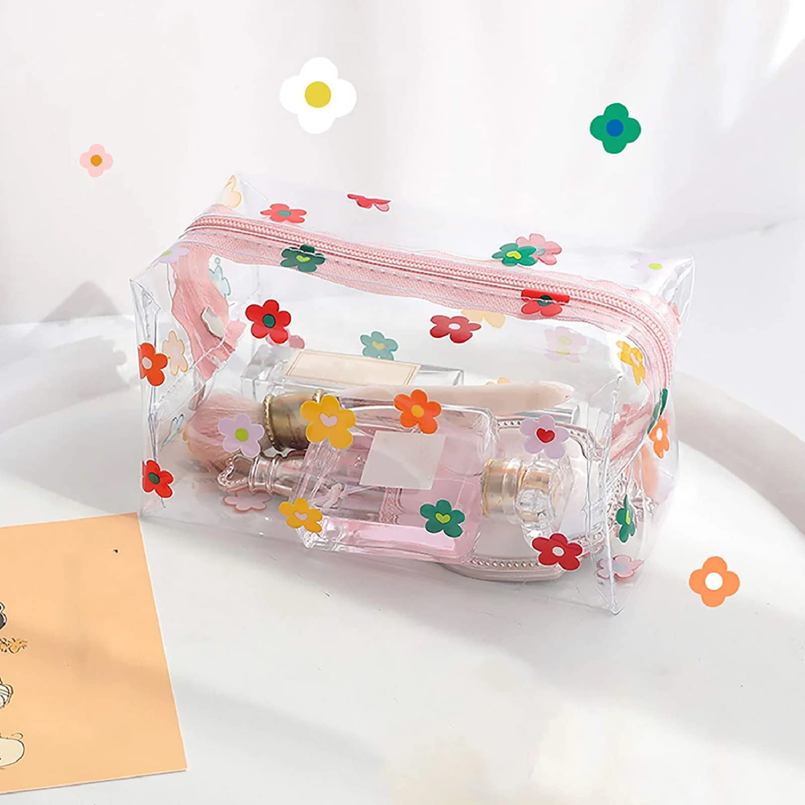 ASkinds Clear Waterproof Cosmetic Bag - Cute Cartoon Flower Design Transparent Makeup Pouch for Women | Portable Travel Toiletry Organizer | Perfect for Gym, Travel & Daily Storage