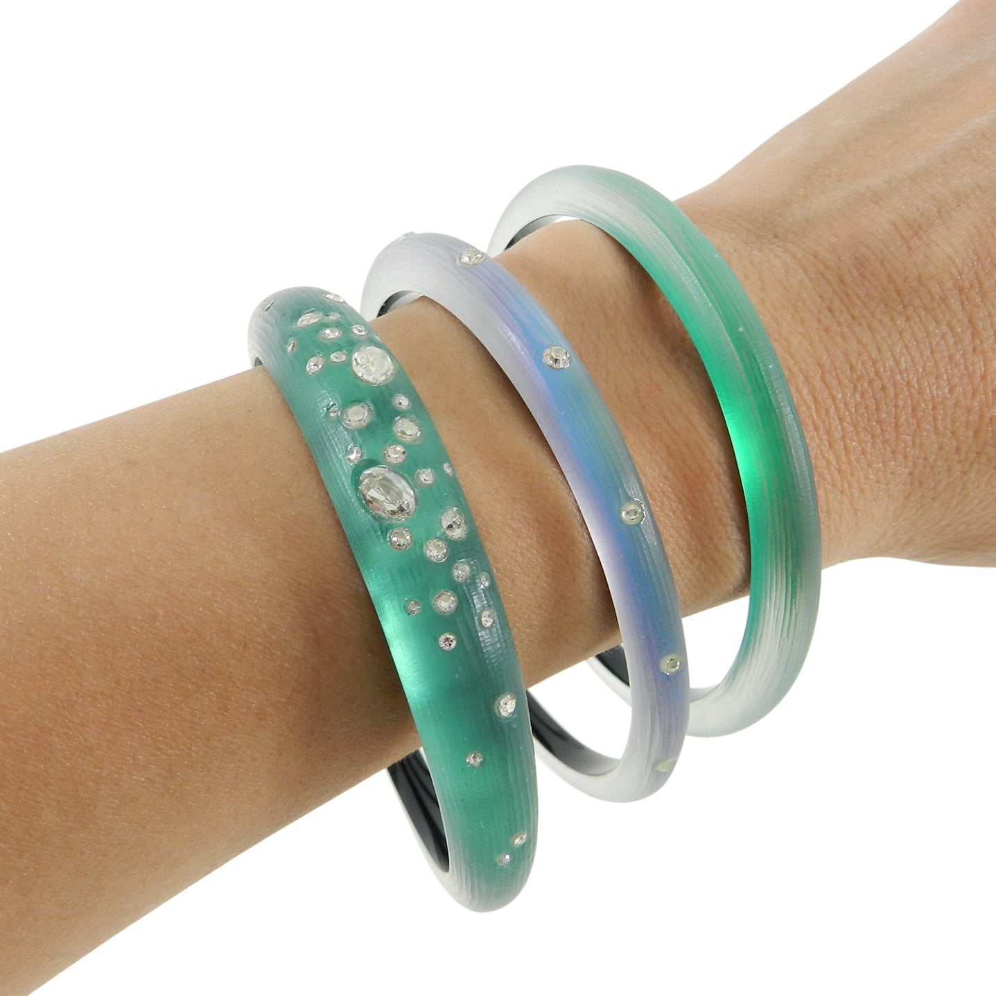 Alexis Bittar Green Triple Rhinestone Resin Bangle Set - Elegant Jewelry for Women, Fashion Bracelet Set for Parties, Weddings & Special Occasions