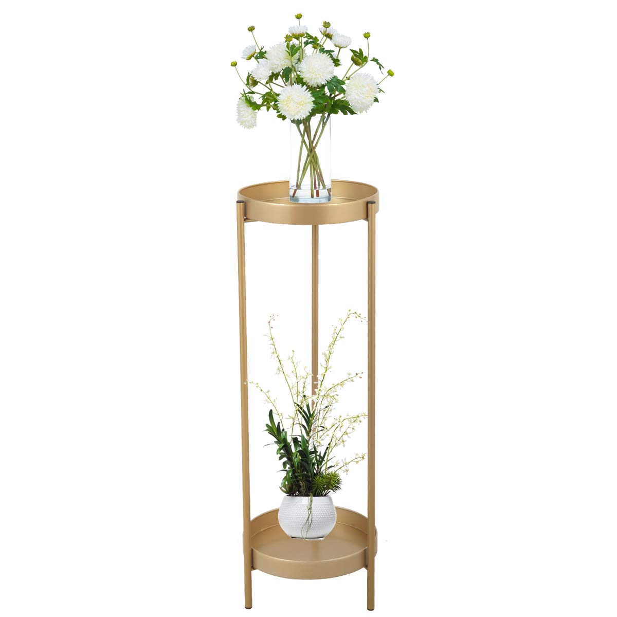3-Tier Metal Plant Stand with 2 Round Trays - Modern Folding Indoor/Outdoor Flower Pot Holder Shelf - Golden - Perfect for Balcony, Patio, Living Room & Garden Decor