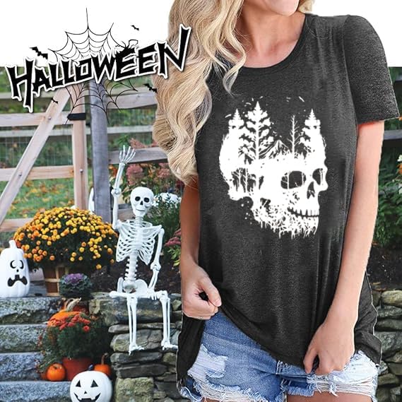 Funny Women's Skull Graphic T-Shirt - Vintage Skeleton Print Gothic Tee - Casual Short Sleeve Holiday Top for Halloween, Concerts & Casual Wear