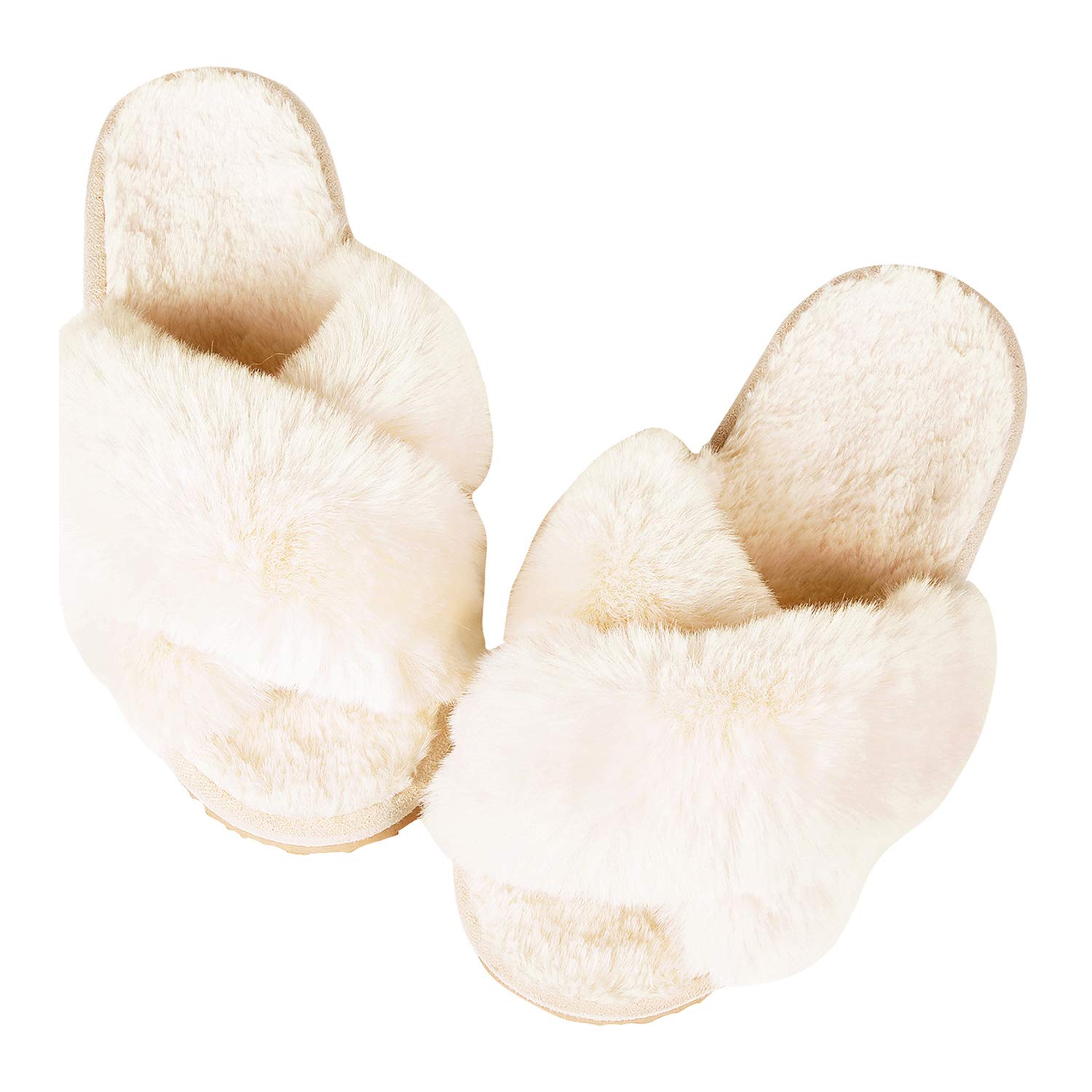 Comwarm Women's Fuzzy Cross Band Slippers - Soft Plush Open Toe House Shoes for Indoor & Outdoor Use - Cozy Bedroom Slippers for Relaxing at Home, Lounging & Spa Days