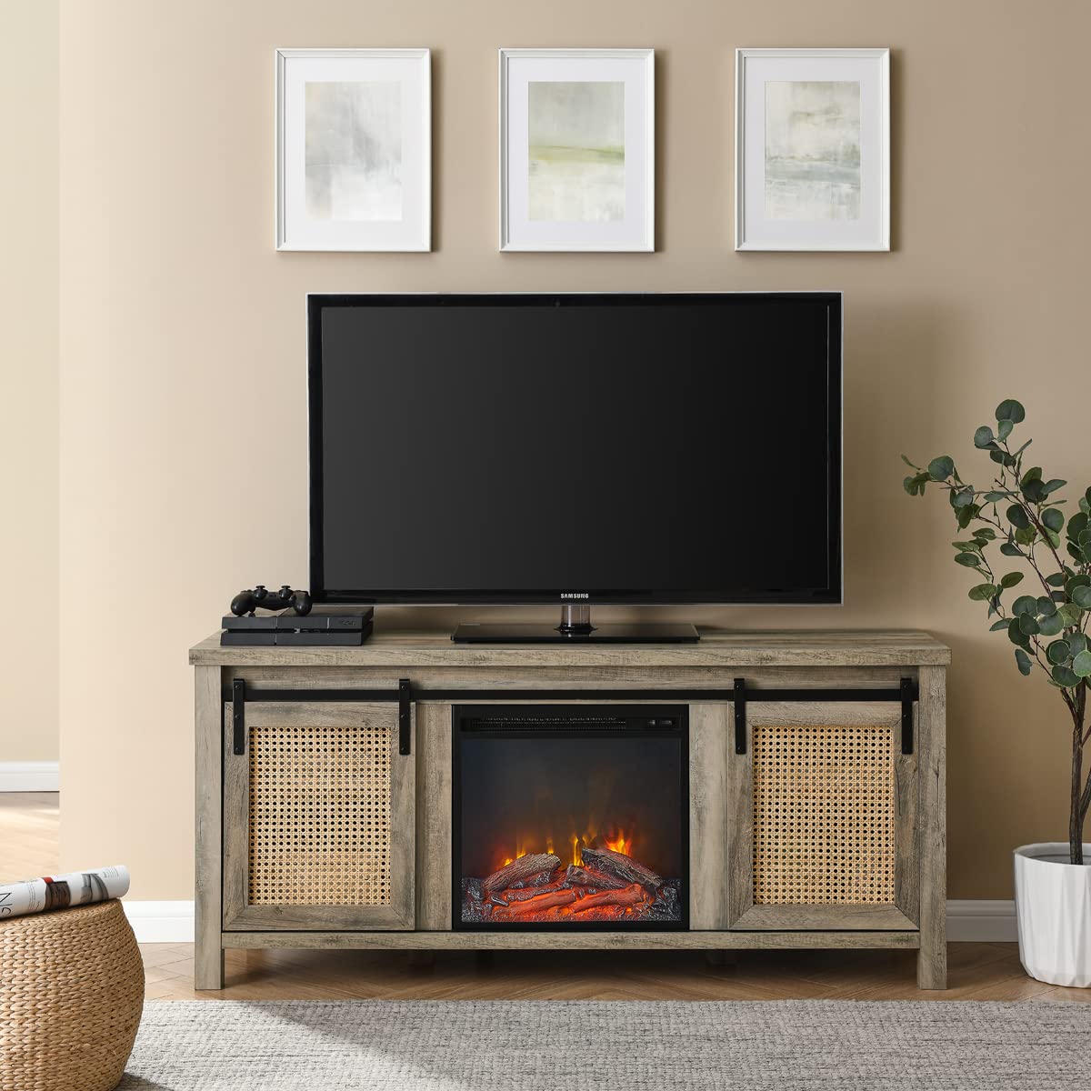 Farmhouse Electric Fireplace TV Stand with Sliding Barn Doors - 65 Inch Entertainment Center with 4 Storage Shelves, Rustic TV Console for Living Room (Light Brown) | Perfect for Cozy Winter Nights & Home Theater Setup