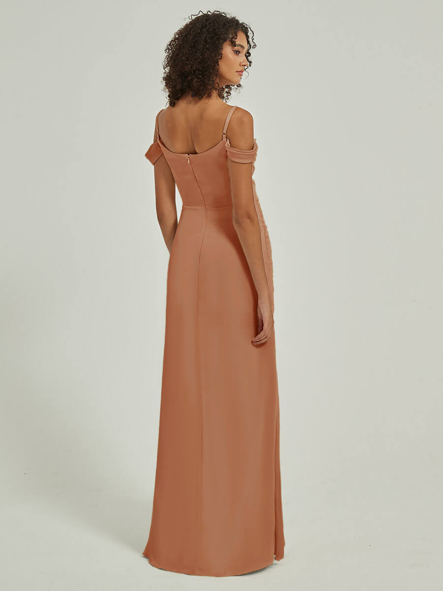 Elegant Bronzer Cowl Neck Strappy Side Slit Silk Satin Convertible Bridesmaid Dress for Weddings & Formal Events | Perfect for Bridal Party, Evening Gala & Special Occasions