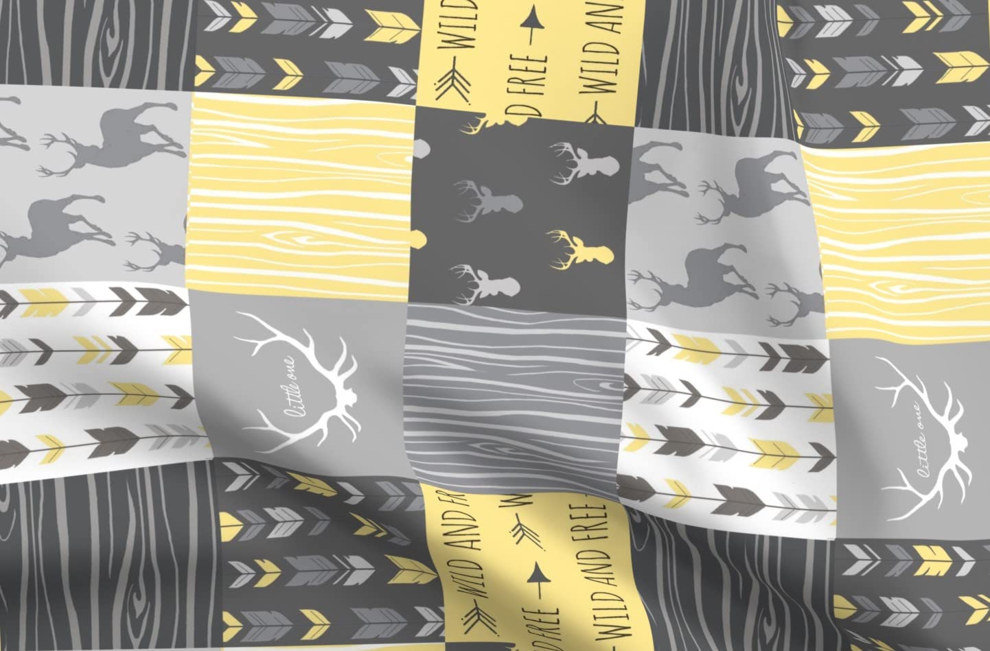 Premium Spoonflower Upholstery Velvet Fabric by The Yard - Patchwork Deer Yellow Rotated Cheater Quilt Design in Gender Neutral Grey | Home Decor, Apparel & Quilting Projects | Perfect for DIY Furniture, Clothing & Crafting