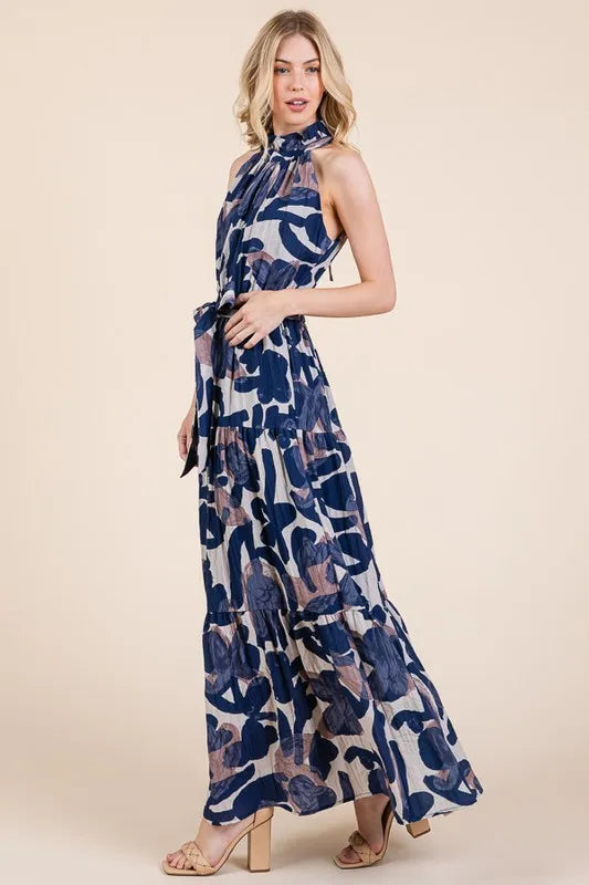 Elegant Halter Neck Tie Waist Tiered Maxi Dress for Women | Summer Beach Vacation Resort Wear | Perfect for Pool Parties, Tropical Getaways and Evening Dinners