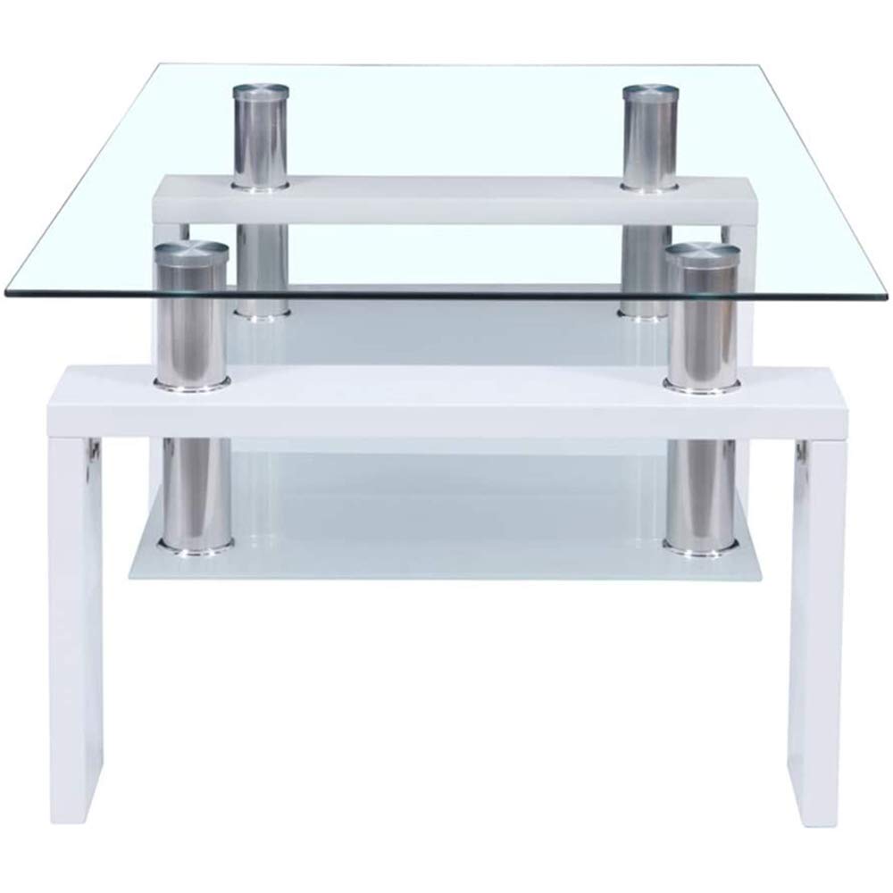 Modern Rectangle Glass Coffee Table with Wooden Legs & Lower Shelf - 8mm Tempered Glass Top - Perfect for Living Room, Lounge, or Office Furniture (White)