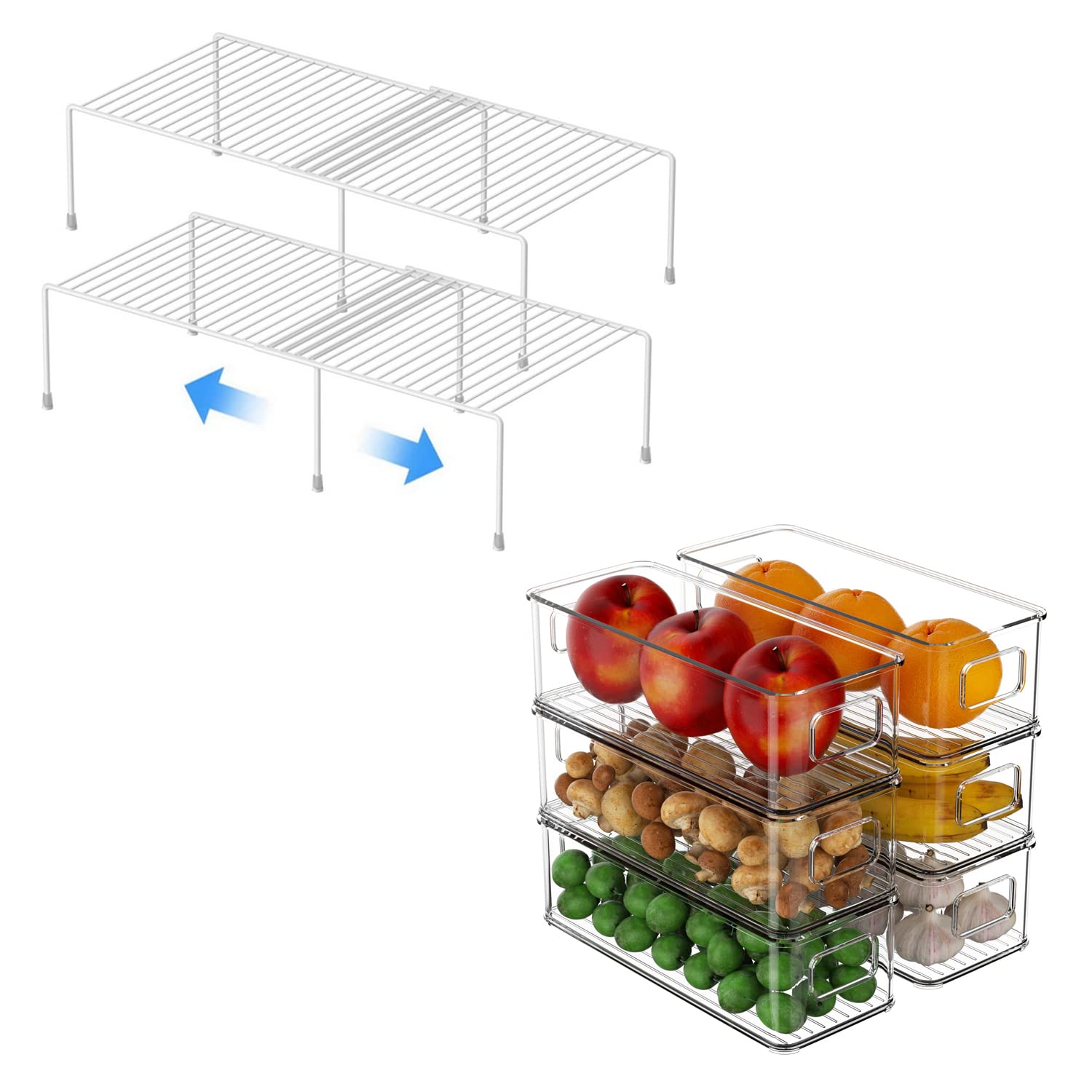 GEDLIRE Expandable Cabinet Storage Shelf 2-Pack with 6 Clear Refrigerator Bins - Freezer Organizer Rack for Pantry, Kitchen & Countertop Organization - Perfect for Fridge, Garage and Small Space Storage