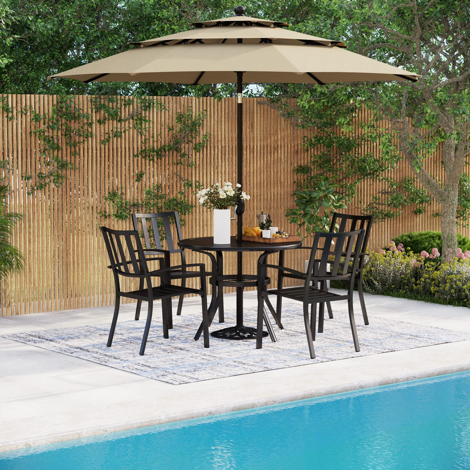 MFSTUDIO 6-Piece Outdoor Patio Dining Set with 4 Steel Slat Chairs, 1 Round Table & 10ft Auto-Tilt Umbrella (Beige) - Perfect for Backyard BBQs, Garden Parties & Poolside Relaxation (Base Not Included)