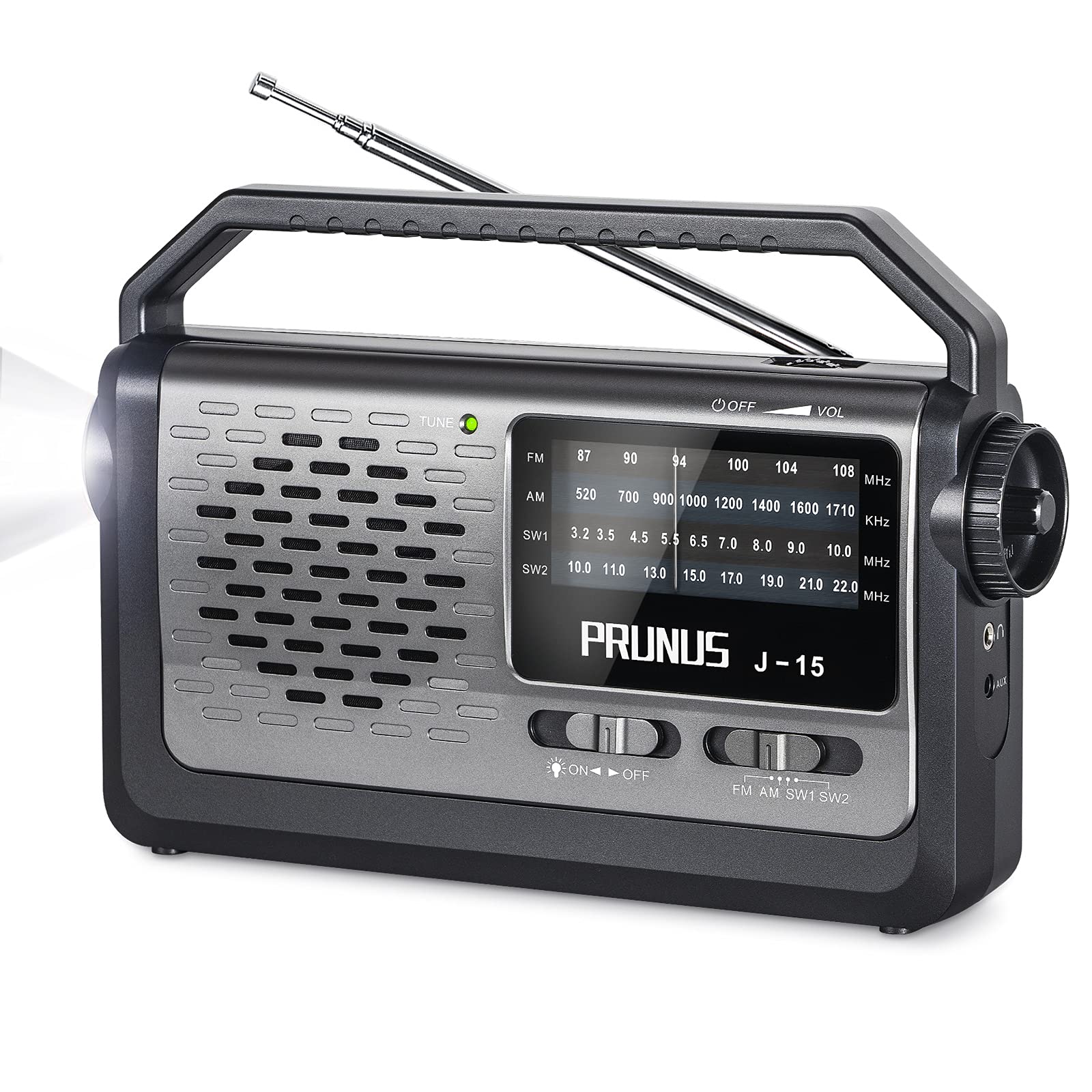 PRUNUS J15 Portable AM/FM/Shortwave Radio with Superior Reception - Battery & AC Powered, Headphone Jack & Built-in Flashlight - Perfect for Kitchen, Home, Travel, Camping & Emergency Use