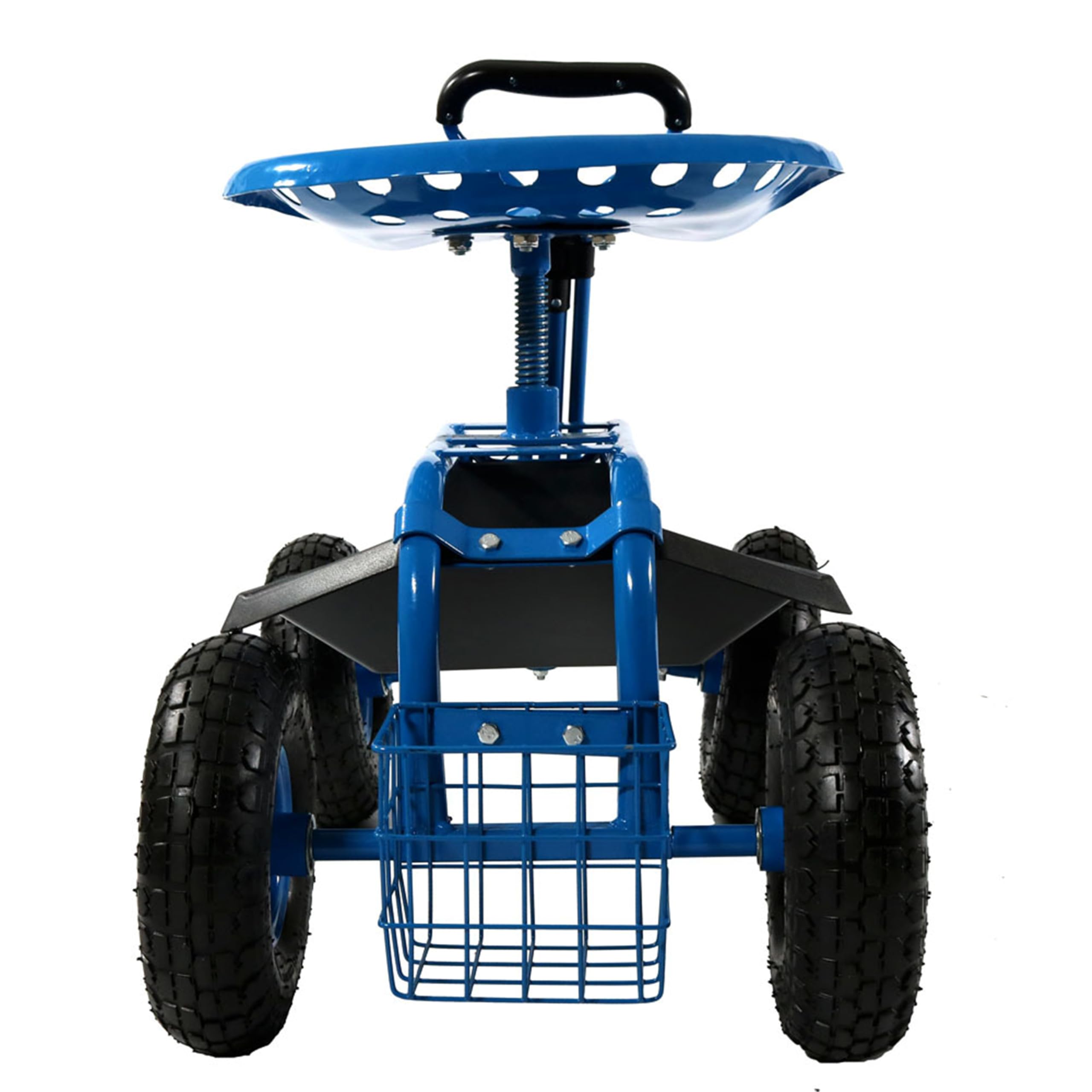 Sunnydaze Heavy Duty Garden Cart with Extendable Handle & Swivel Seat - Utility Rolling Scooter with Storage Basket - Perfect for Yard Work, Gardening & Outdoor Chores - Blue