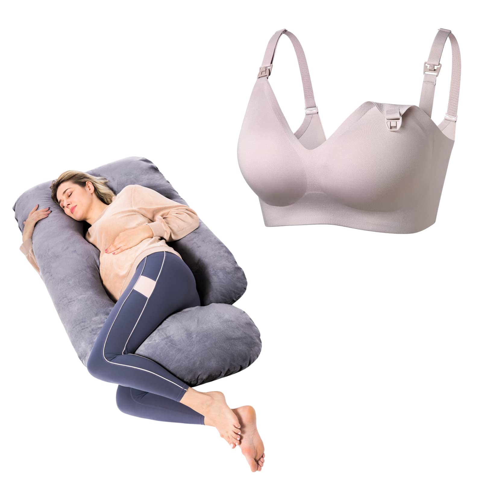 Momcozy Nursing Bras for Breastfeeding - Comfortable Maternity Bra in Brown Size Large | U-Shaped Pregnancy Pillow with Removable Cover for Full Body Support - Perfect for Sleeping, Nursing & Relaxing During Pregnancy