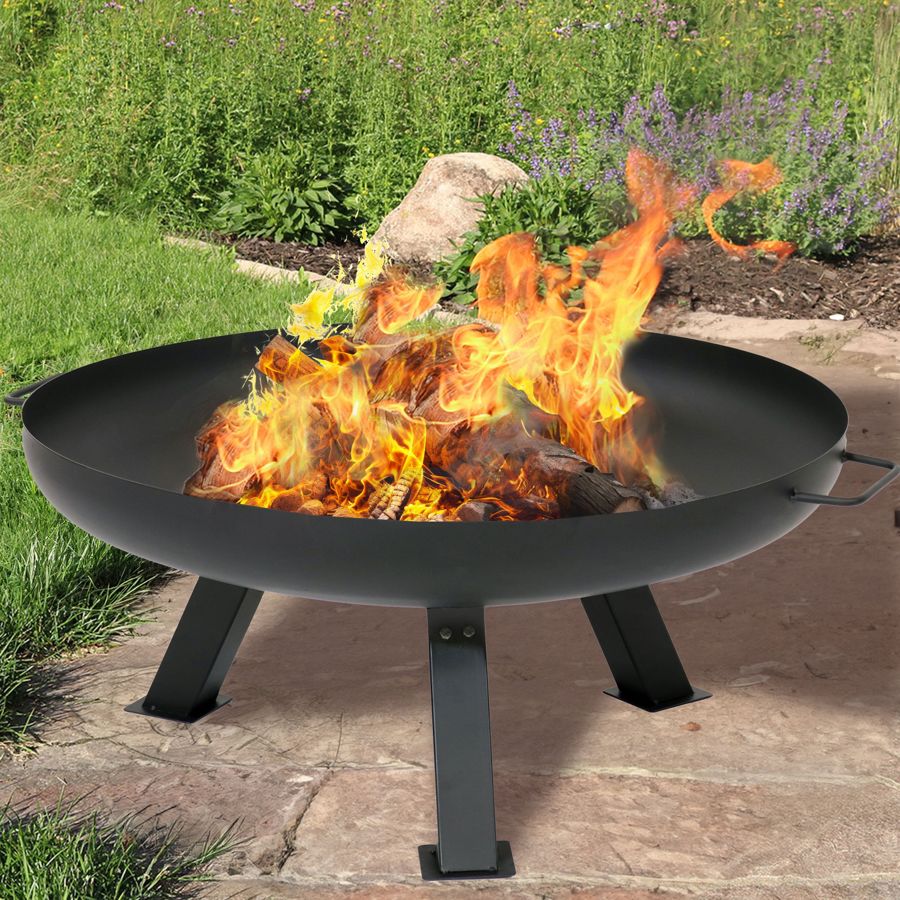 Black Rustic Steel Fire Pit Bowl with Cover - 29.25 Inch Outdoor Fire Pit for Patio, Backyard & Camping - Durable Steel Fire Bowl for Bonfires & Gatherings