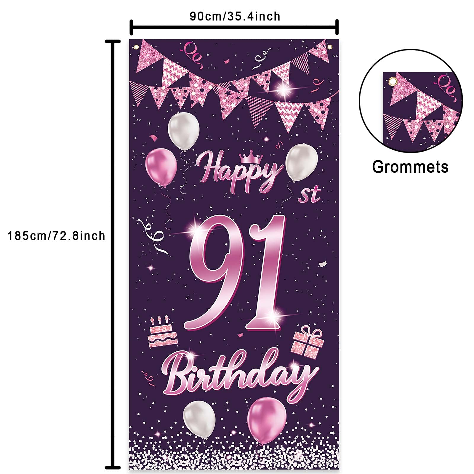 91st Birthday Decorations - Purple Rose Banner, Balloons & Confetti Backdrop for Women & Men | Cheers to 91 Years Party Supplies | Perfect for Door Cover, Porch & Birthday Party Backgrounds