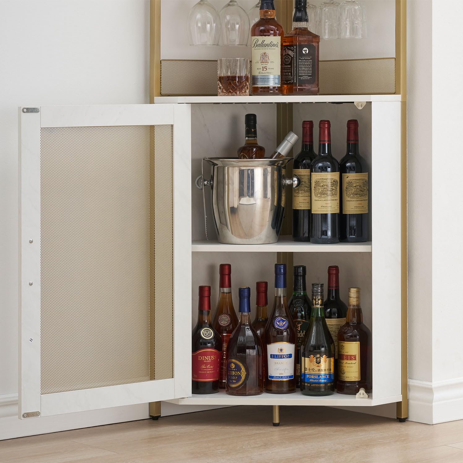 Premium Corner Wine Bar Cabinet - Large Storage Space, Removable Wine Rack & Glass Holder, 4-Tier Liquor Cabinet with Mesh Door - Gold Finish | Perfect for Home Bars, Kitchen Storage & Entertaining Guests