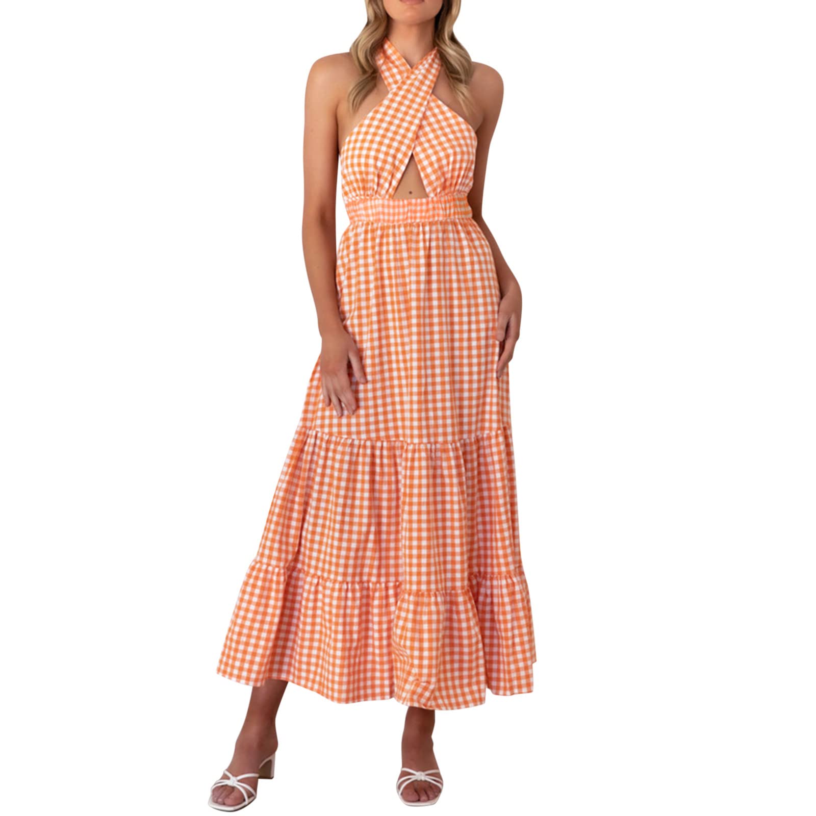 Elegant Women's Midi Dress Shirt - Boho Plaid Print Cross Halter Collar Flowy Maxi Dress for Casual Outings, Date Nights & Summer Vacations