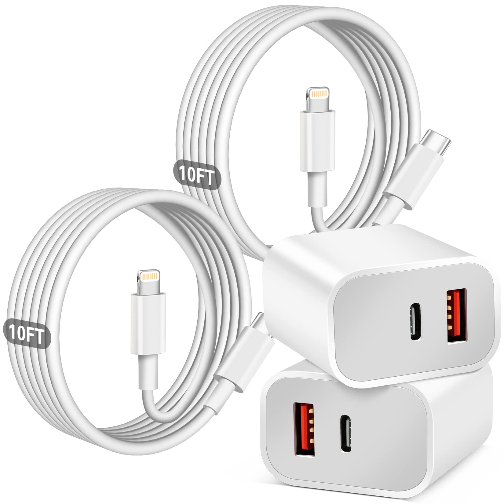 Fast Charging iPhone Dual Port Wall Charger - 2 Pack with 10FT USB-C to Lightning Cable - Compatible with iPhone 14/13/12/11/Pro Max/XS/XR - Perfect for Home, Office & Travel Charging