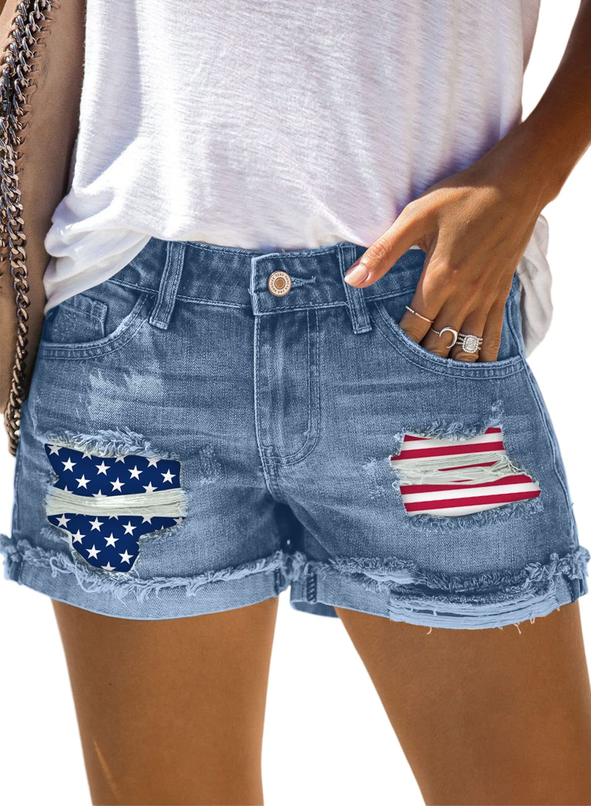 Sidefeel Women's Mid Rise Distressed Denim Shorts - Cuffed Rolled Hem Casual Jean Shorts for Summer Outfits & Street Style