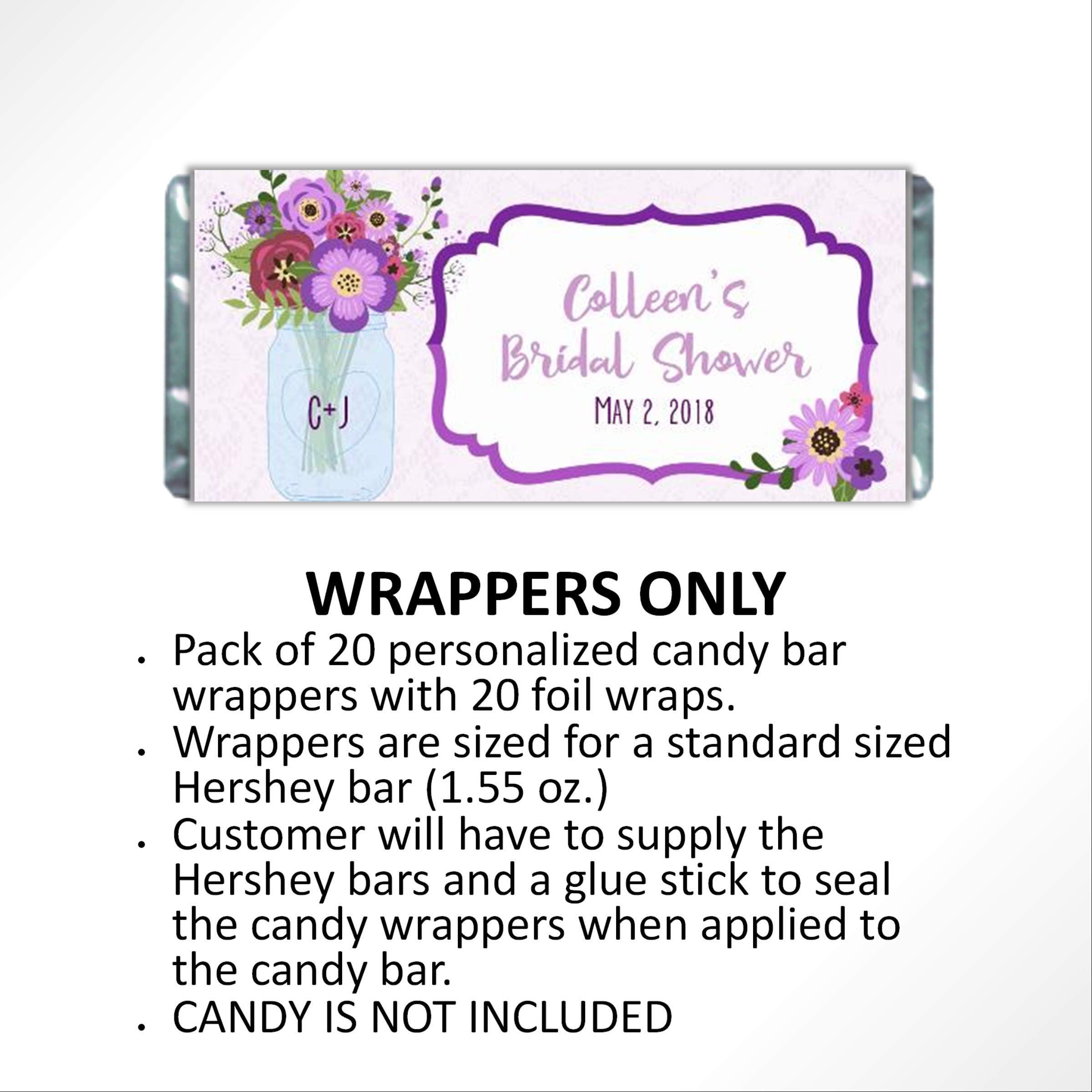 Personalized Purple Floral Chocolate Bar Labels - Pack of 20 for Bridal Shower Favors