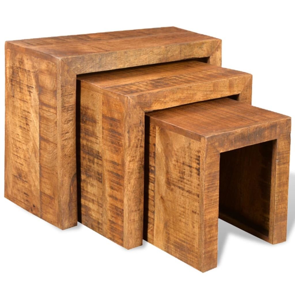 vidaXL 3-Piece Nesting Coffee Table Set - Industrial Style Mango Wood Stacking End Tables for Living Room, Bedroom, Office | Space-Saving Accent Furniture for Small Spaces & Snack Tables