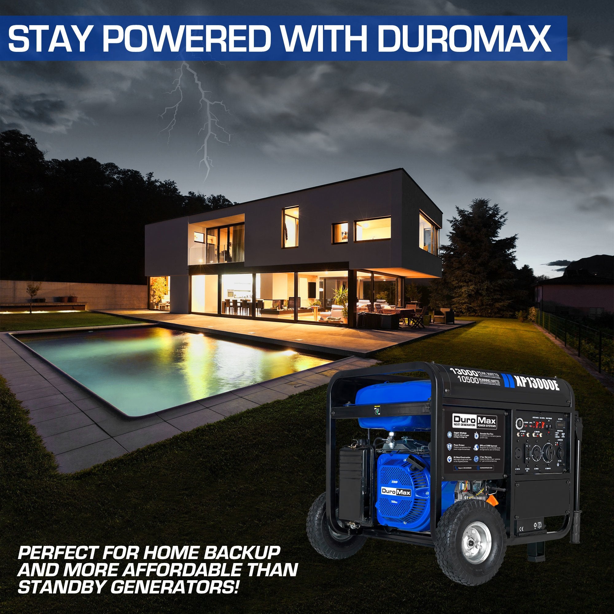 DuroMax XP13000E 10500W/13000W Dual Fuel Portable Generator with Electric Start - Perfect for Home Backup Power, Camping & Emergency Use