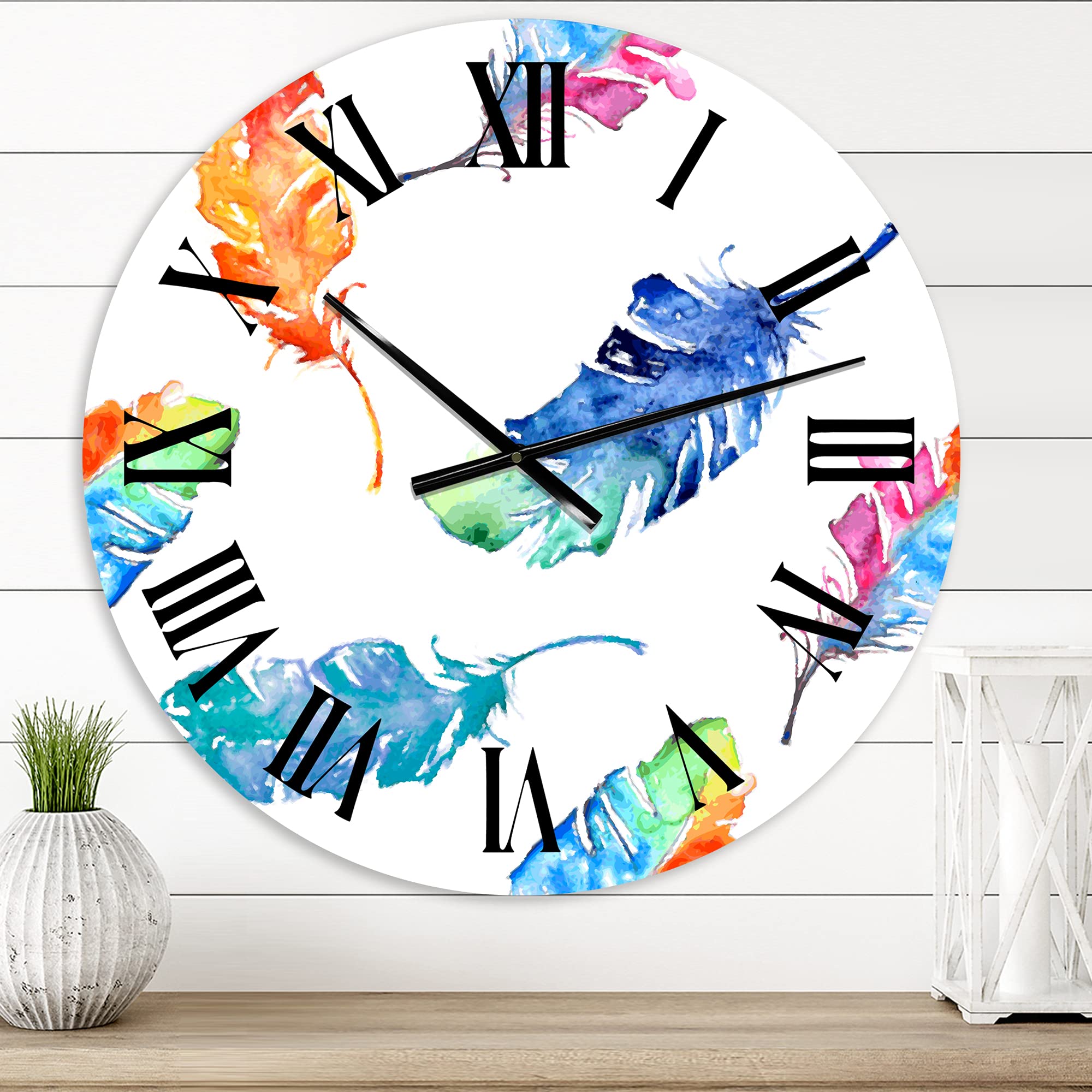 Bohemian & Eclectic Wall Clock - 'Ethnic Blue Feathers' Animal Design Large Decorative Clock for Living Room, Bedroom & Office | Unique Home Decor Gift Idea