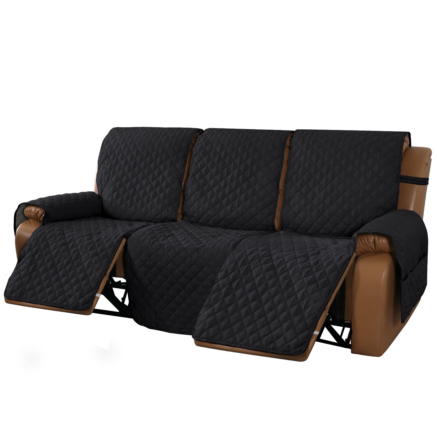 MeilleMaison Recliner Sofa Slipcover - Stretchable 3-Seater Couch Cover for Reclining Sofas, Non-Slip Washable Furniture Protector for Pets & Kids (Black/Grey) - Perfect for Living Room, Family Room & Home Theater Seating (MMCLKR03C6)