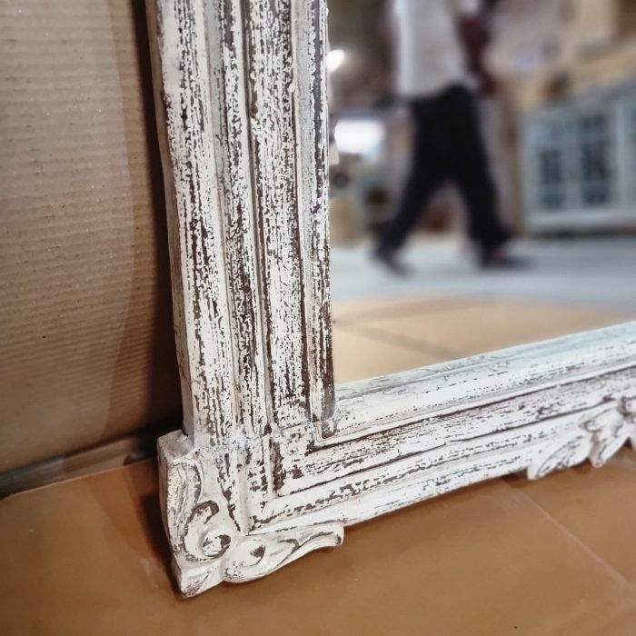 Handcrafted Solid Wood Carved Indian Furniture Mirror Frame - Rustic White, 100x2x145cm - Perfect for Living Room, Bedroom & Boho Home Decor