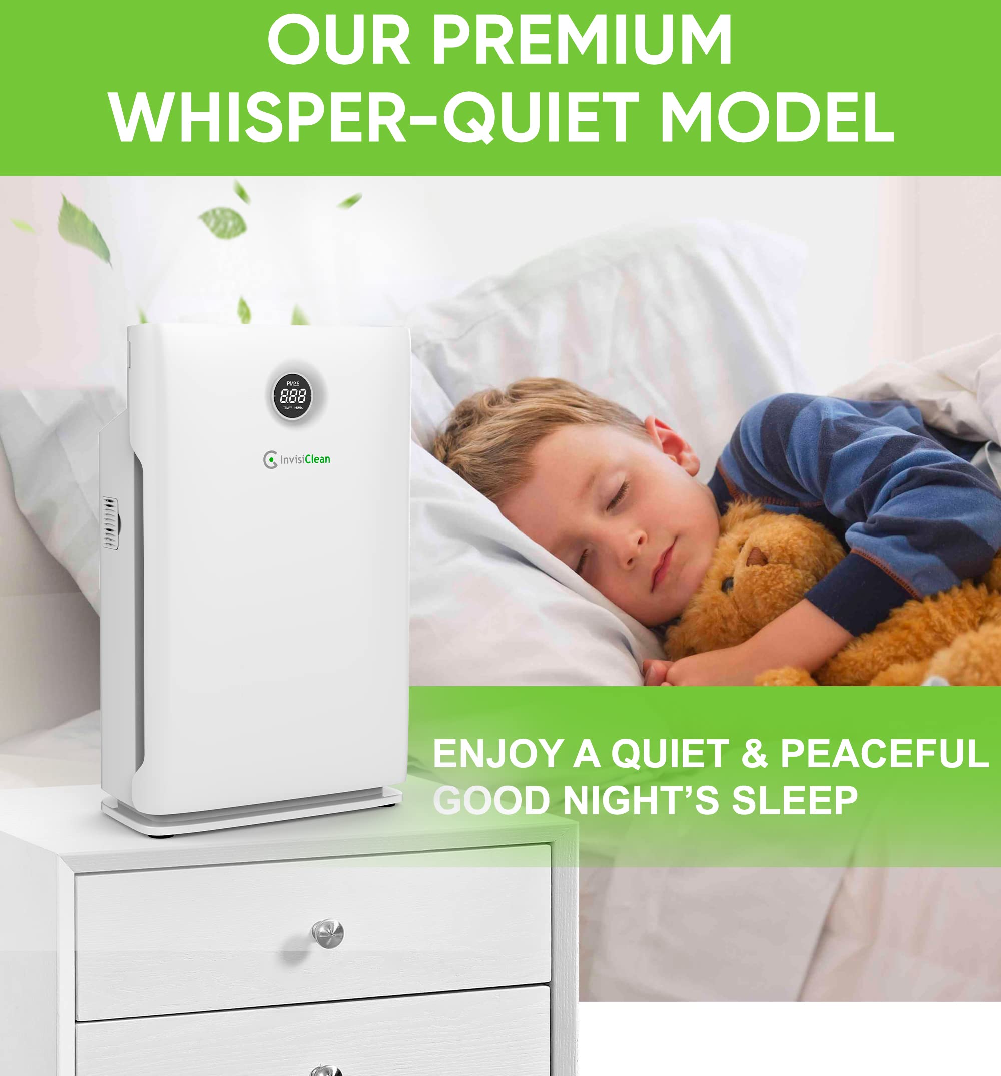 InvisiClean Claro IC-4524 Air Purifier for Large Room up to 1600 Sq Ft - H13 True HEPA Filter, UV Light, Zero Ozone - Removes Smoke, Dust, Pet Hair & Allergens - Ideal for Bedroom, Living Room & Office Use