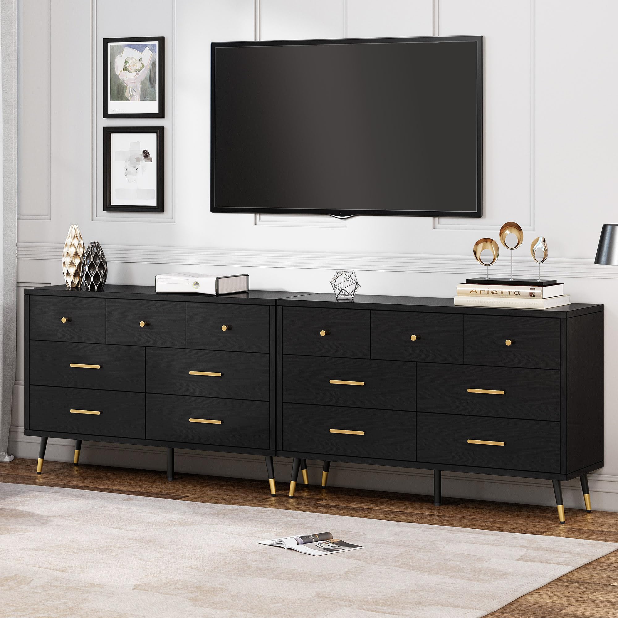Modern Black 7-Drawer Dresser with Metal Handles - 47