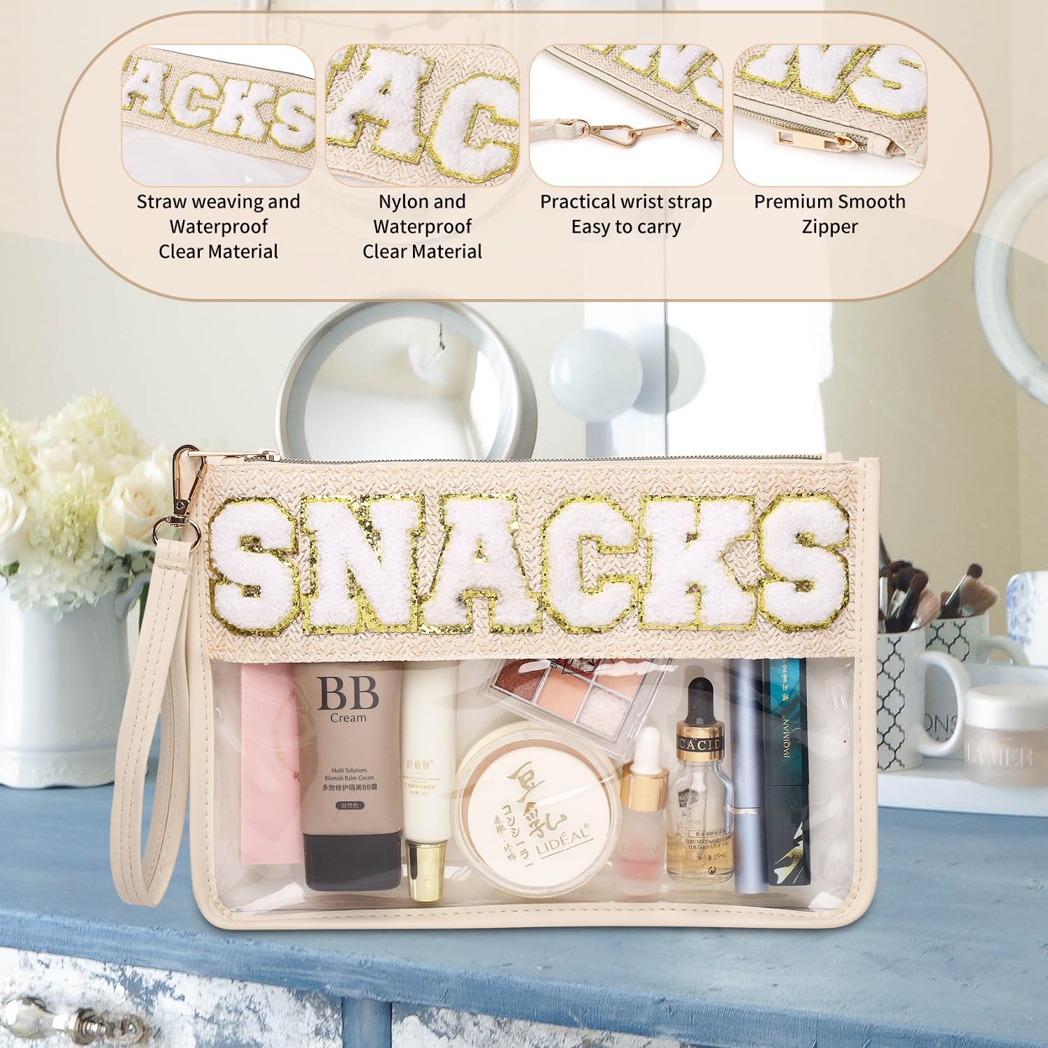 Chenille Letter Clear Zipper Pouch - Travel Organizer, Snack Storage & Cosmetic Bag for Women | Perfect for Beach Trips, Makeup Storage & Toiletry Organization