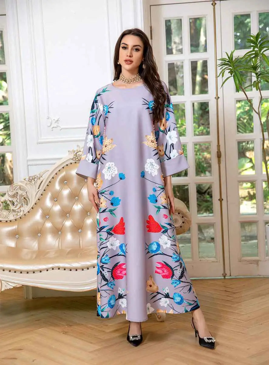 Elegant Eid Dress for Women - Arab Printed Kaftan Caftan Abaya Dress with Long Sleeves - Perfect for Eid Celebrations, Weddings & Special Occasions