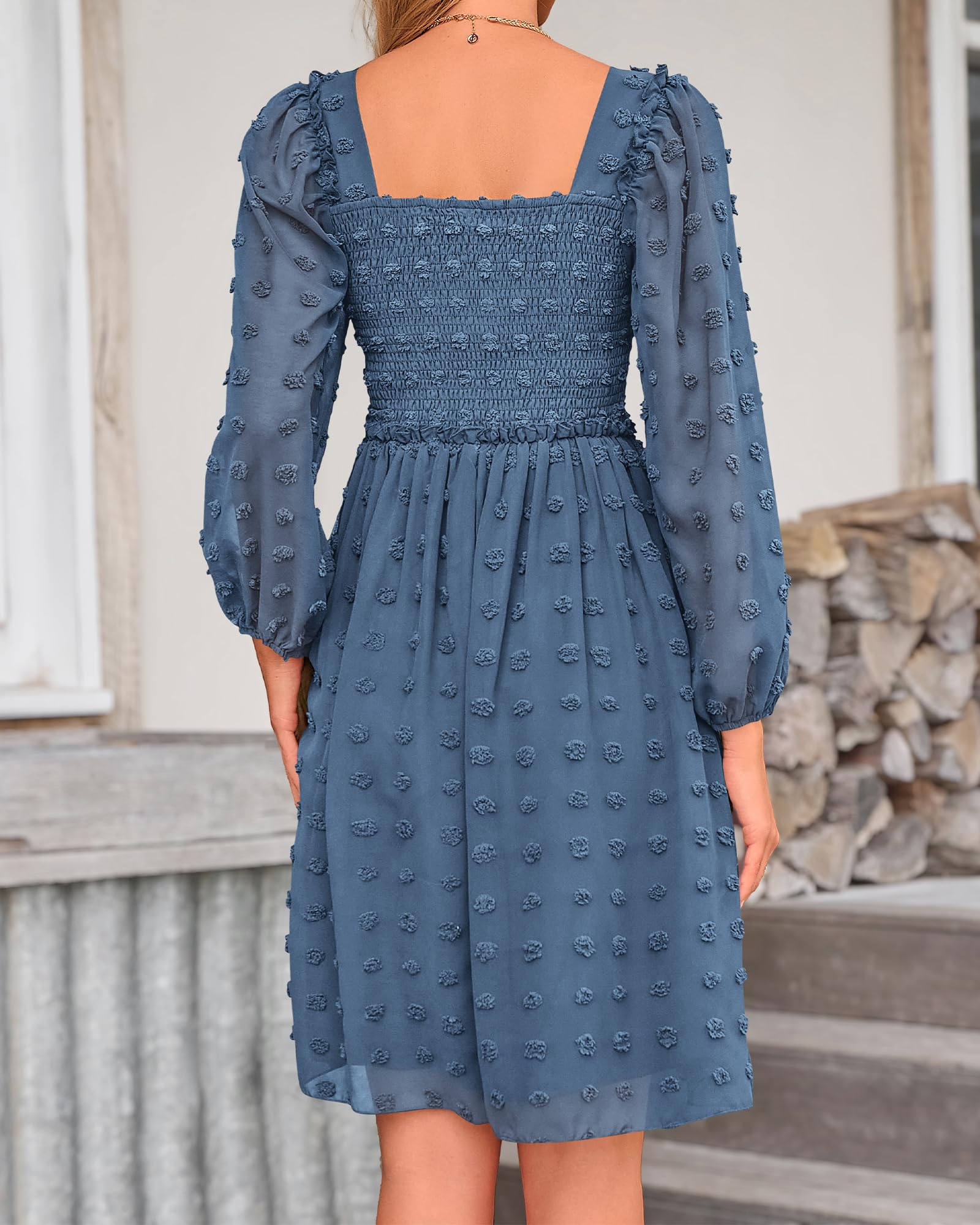 BTFBM Women's Square Neck Smocked Floral Swiss Dot Mini Dress - Long Sleeve Boho Wedding Guest Dress for Spring Summer 2025 | Perfect for Garden Parties, Bridal Showers & Date Nights