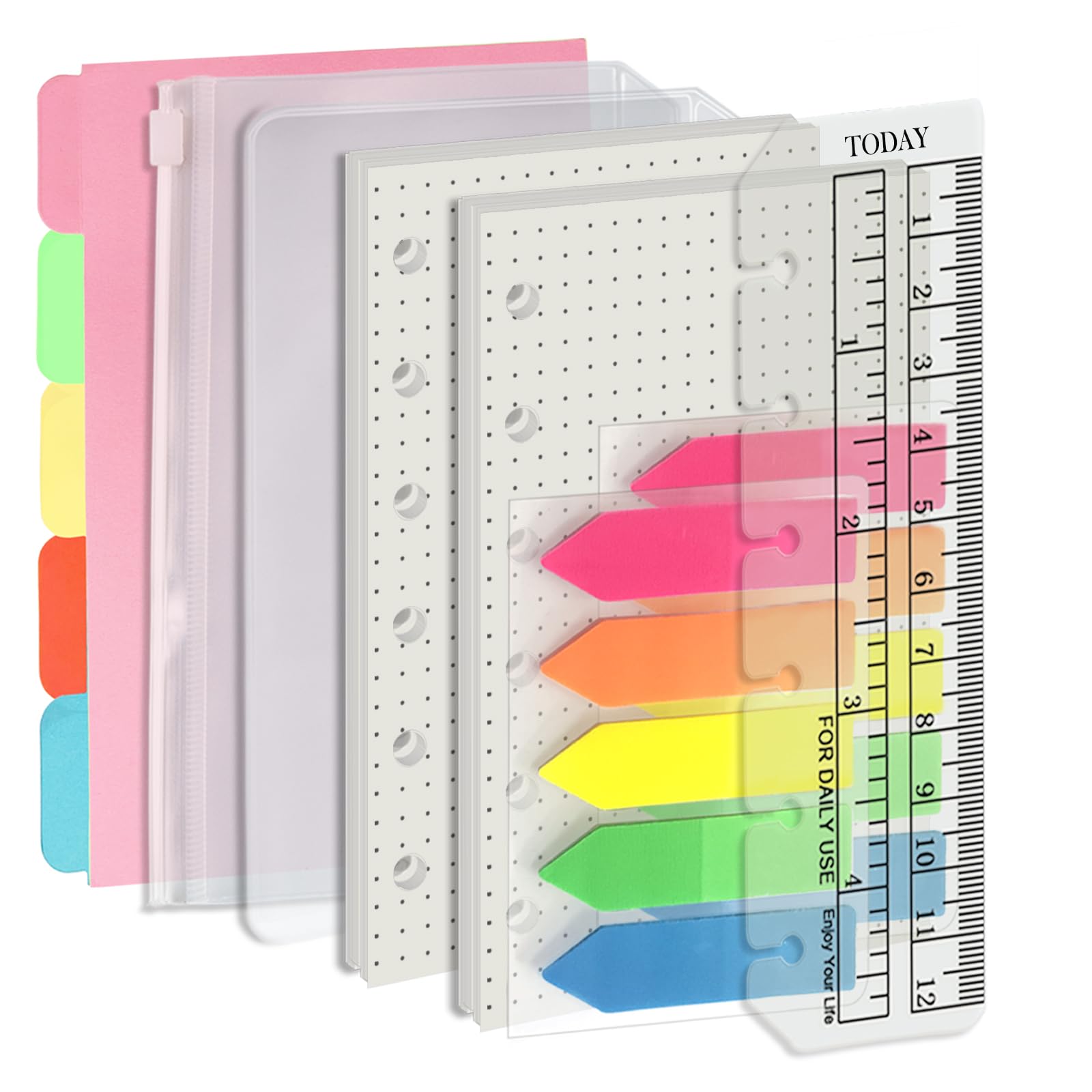Harphia A7 6-Hole Binder Refill Set - 90 Sheets Dotted Loose Leaf Paper with Stickers & Dividers | Planner Inserts with Pockets for A7 6-Ring Refillable Notebook | Perfect for Bullet Journaling, Note Taking & Organization
