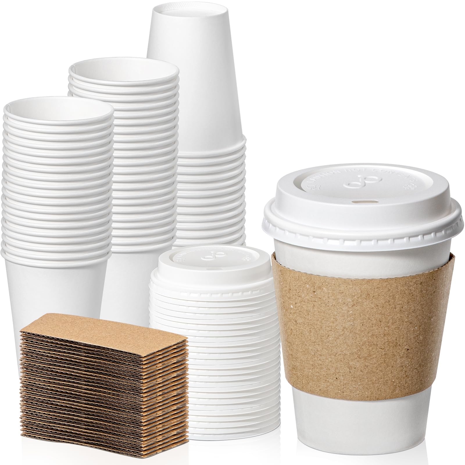 50 Pack 12oz Disposable Coffee Cups with Lids & Sleeves - Leak-Proof Hot Paper Cups for Coffee, Tea, Hot Chocolate - Ideal for Home, Office, Cafes, Parties & Takeout Businesses | BPA-Free & Durable