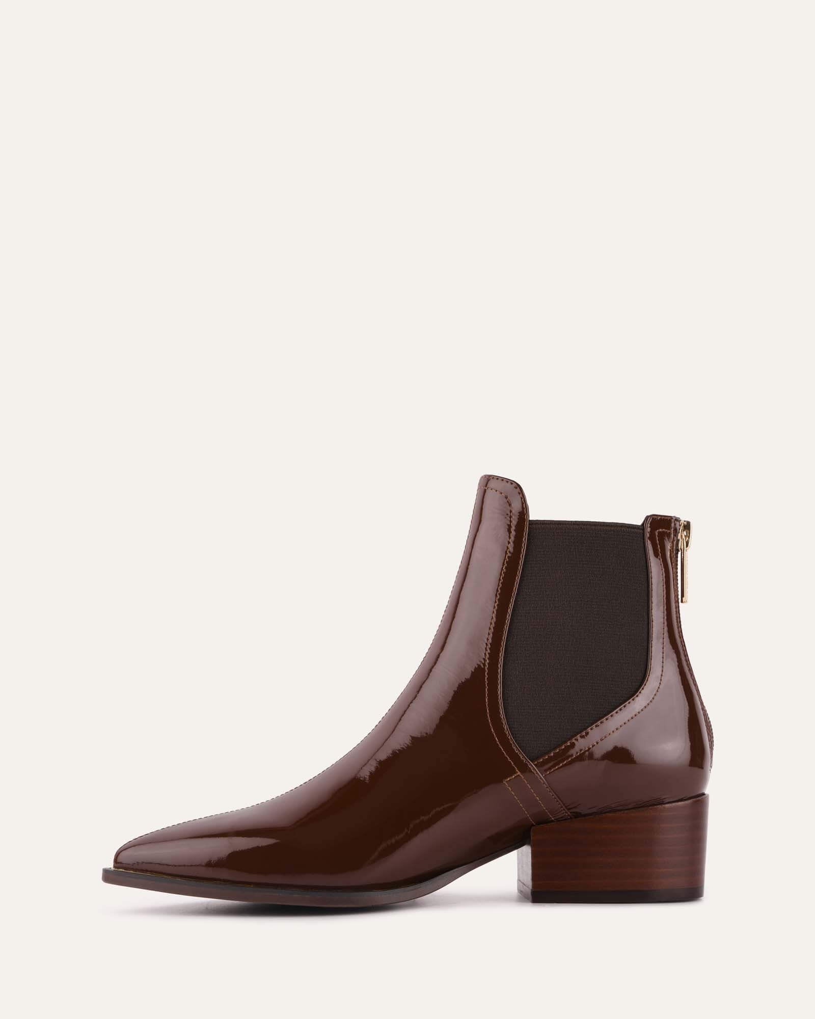 RIVER FLAT ANKLE BOOTS DARK CHOCOLATE CRINKLE PATENT LEATHER WOMEN'S BOOTS - Perfect for Casual Outfits, Office Wear & Fall Fashion