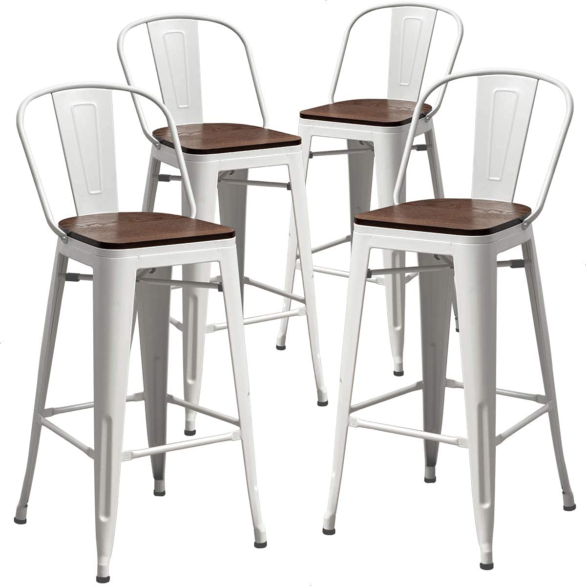Aklaus 30 Inch Metal Bar Stools Set of 4 - Farmhouse Style Bar Height Stools with Backs & Larger Seat - Modern High Back Kitchen & Dining Chairs in White Cream - Perfect for Home Bars, Kitchen Islands & Breakfast Nooks